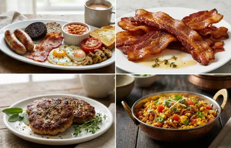 Irish Breakfast with Pan-Fried Bacon, Breakfast Sausage Patties, Anda Bhurji and Suji Toast