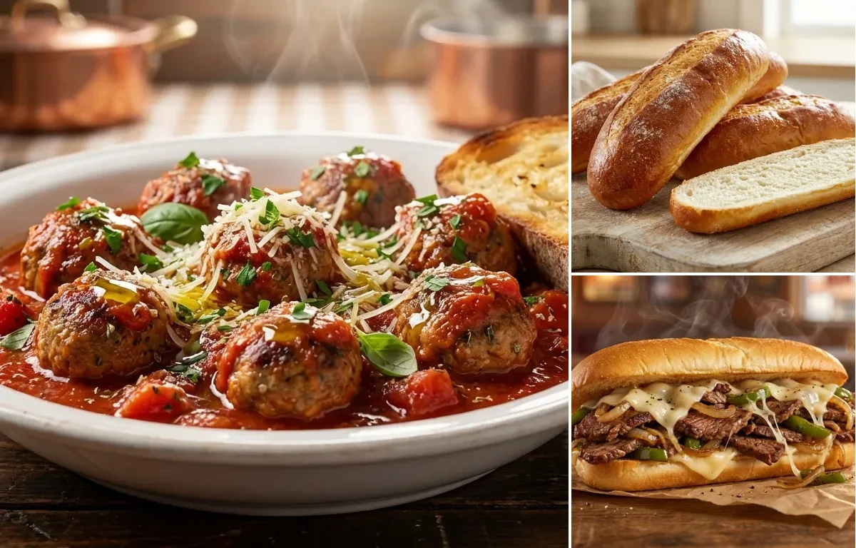 Italian-American Meatballs in Sauce with Sub Rolls and Philly Cheesesteak