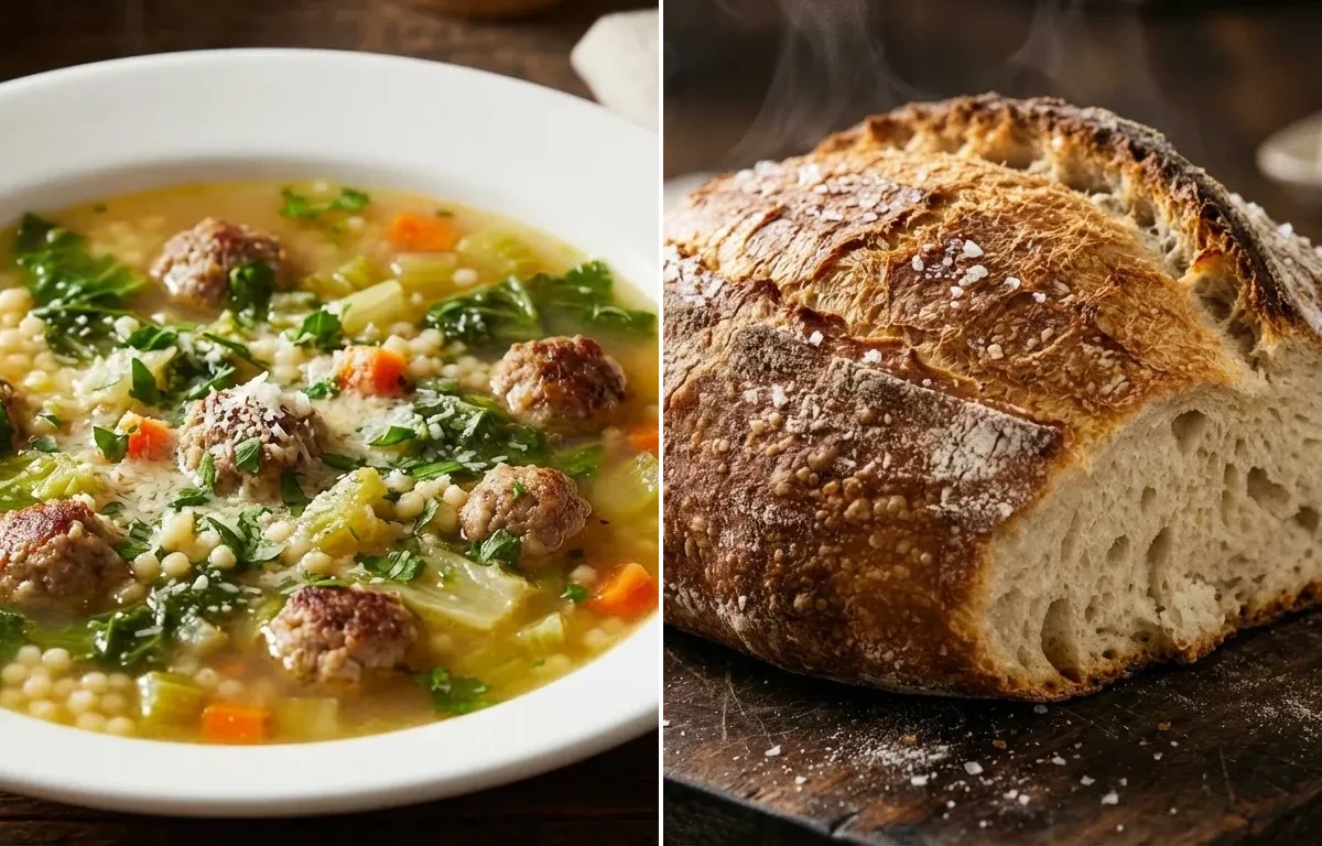 Italian Wedding Soup with No-Knead Crusty Bread