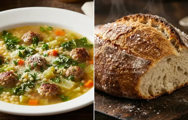 Italian Wedding Soup with No-Knead Crusty Bread