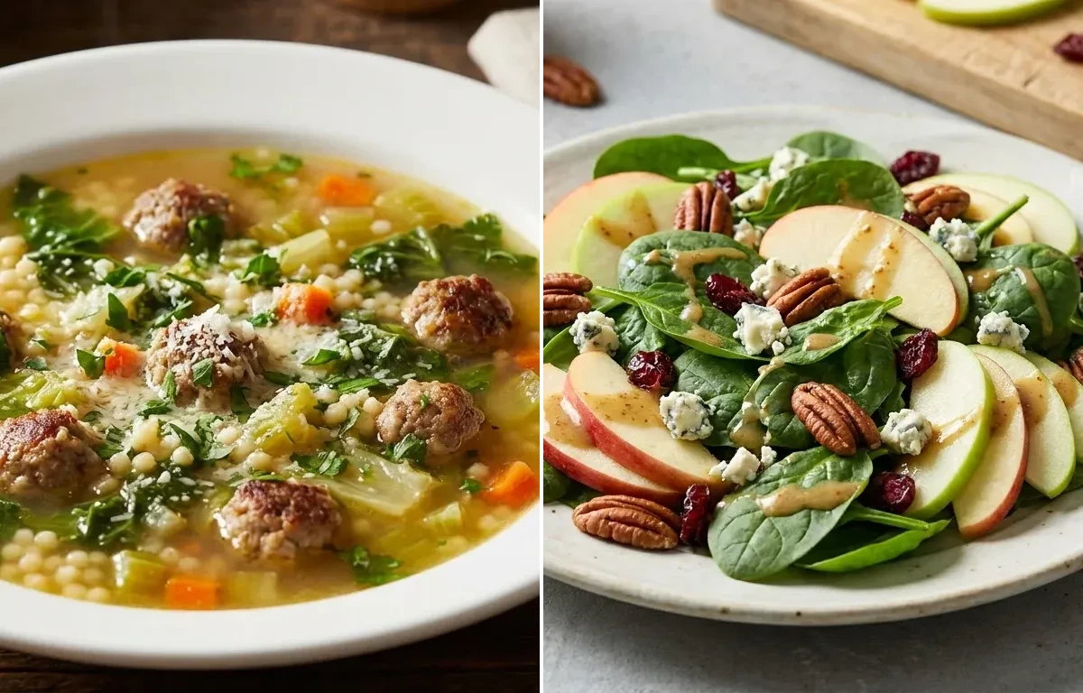 Italian Wedding Soup with Spinach Apple Salad and Half Slice Avocado Toast