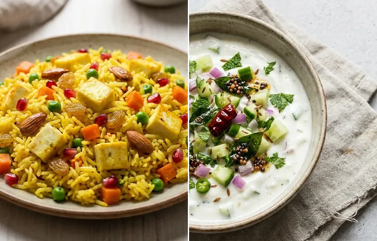 Jeweled Vegetable Pulao with Cucumber Raita
