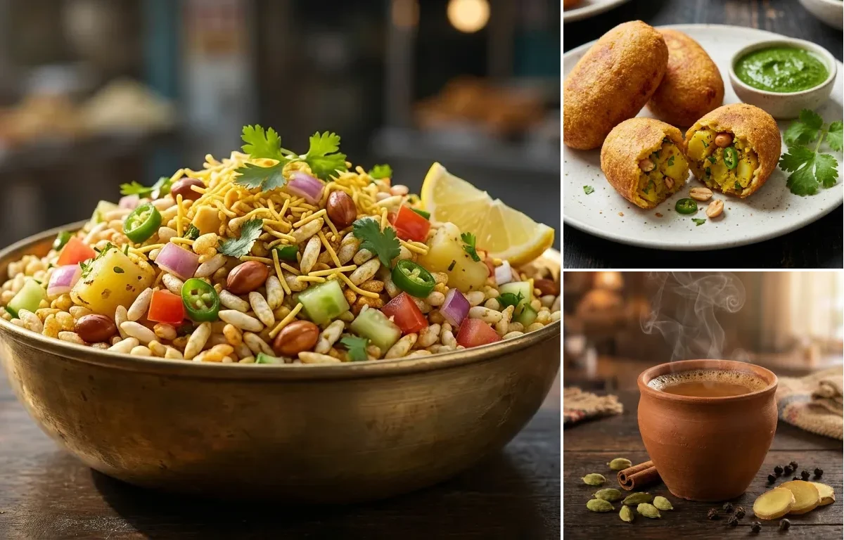 Jhal Muri with Aloo Chop and Masala Cha
