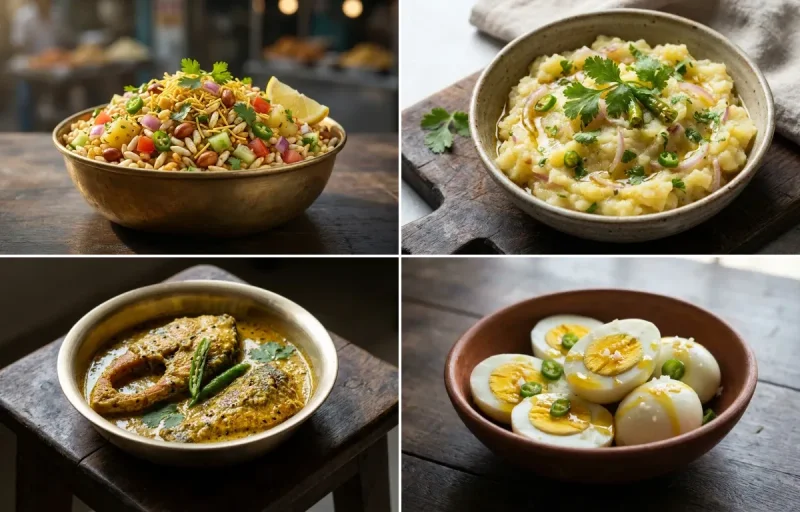 Jhal Muri with Aloo Seddho, Sorshe Maach and Sheddho Dim