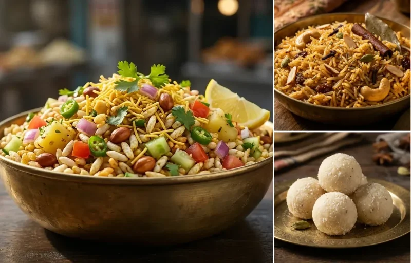 Jhal Muri with Gur ke Chawal and Narikol Laru