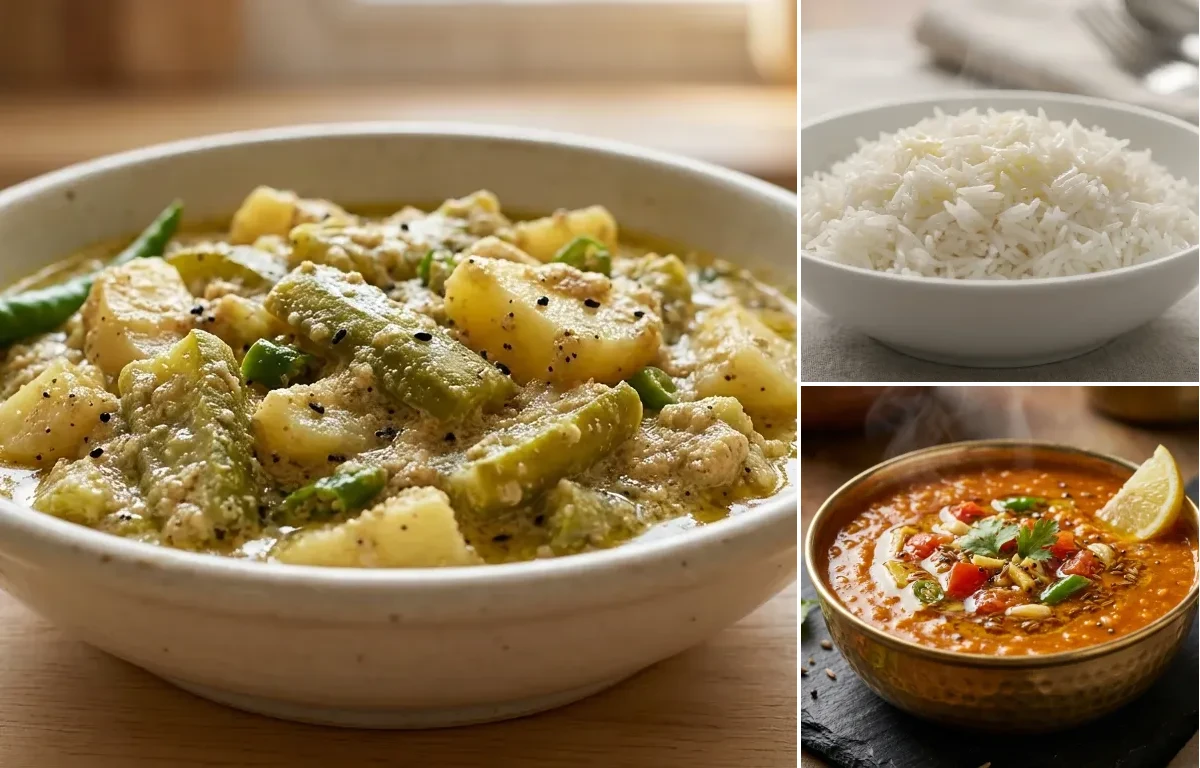 Jhinge Aloo Posto with Steamed Basmati Rice and Masoor Dal Tadka