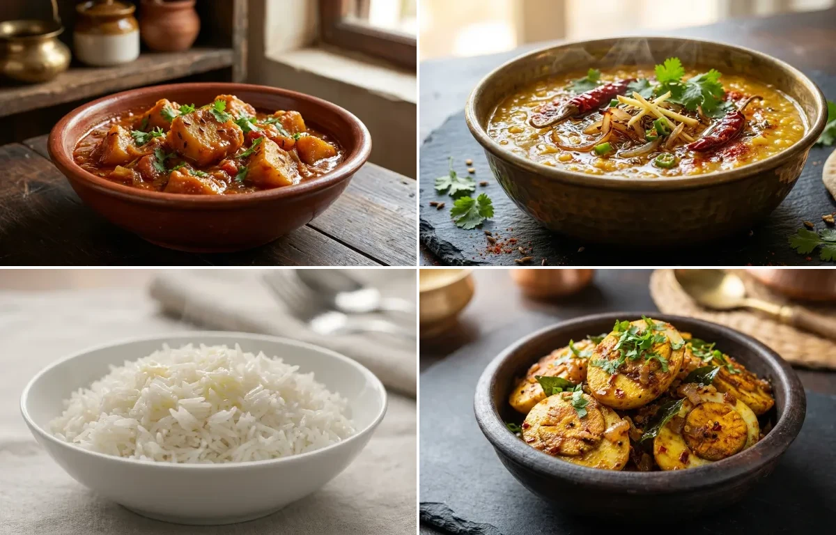 Jimikand Curry with Dal Tadka, Steamed Basmati Rice and Egg Fry