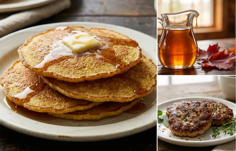 Johnnycakes with Maple Syrup and Breakfast Sausage Patties