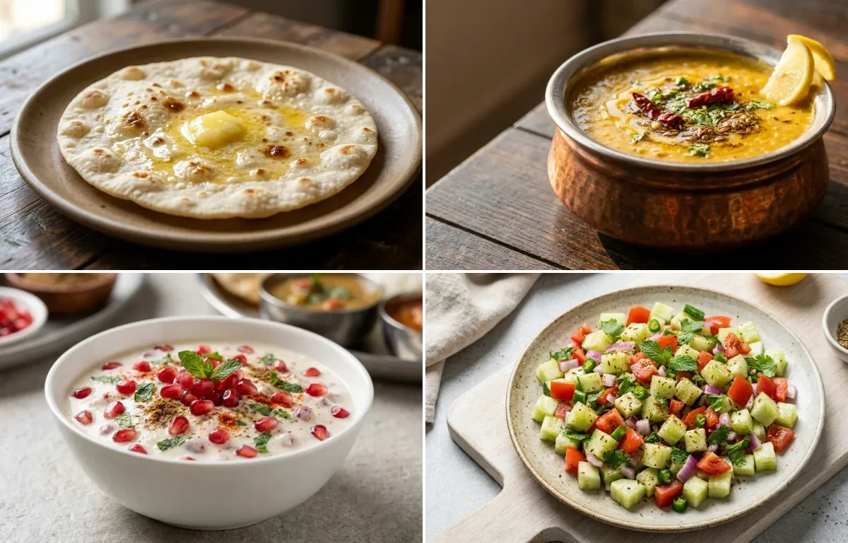 Jowar Roti with Baked Salmon, Dal Fry, Pomegranate Raita and No-Salt Lemon Cucumber Kachumber