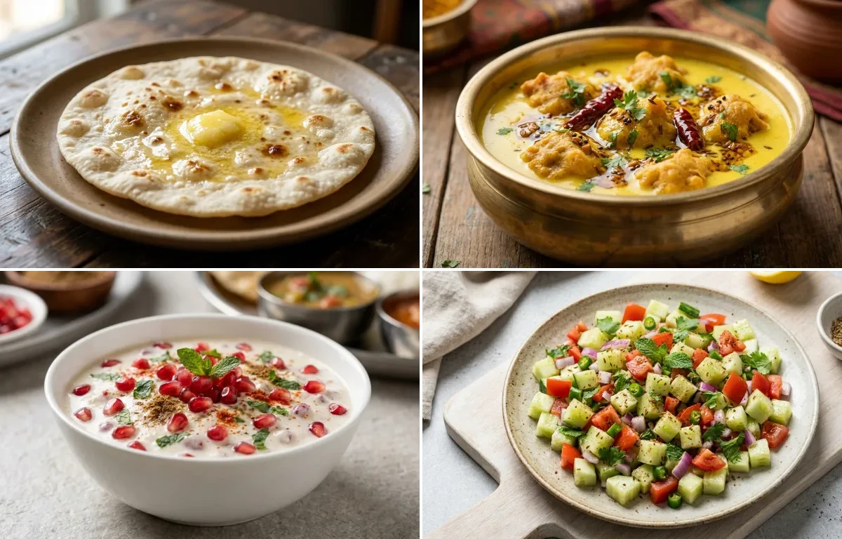 Jowar Roti with Baked Salmon, Kadhi Pakora, Pomegranate Raita and No-Salt Lemon Cucumber Kachumber