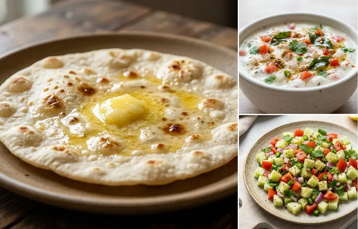 Jowar Roti with Baked Salmon, Vegan Kadhi, Onion Tomato Raita and No-Salt Lemon Cucumber Kachumber