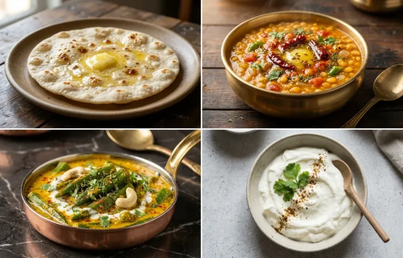 Jowar Roti with Chana Dal with Shahi Bhindi with Steamed White Rice with Plain Dahi