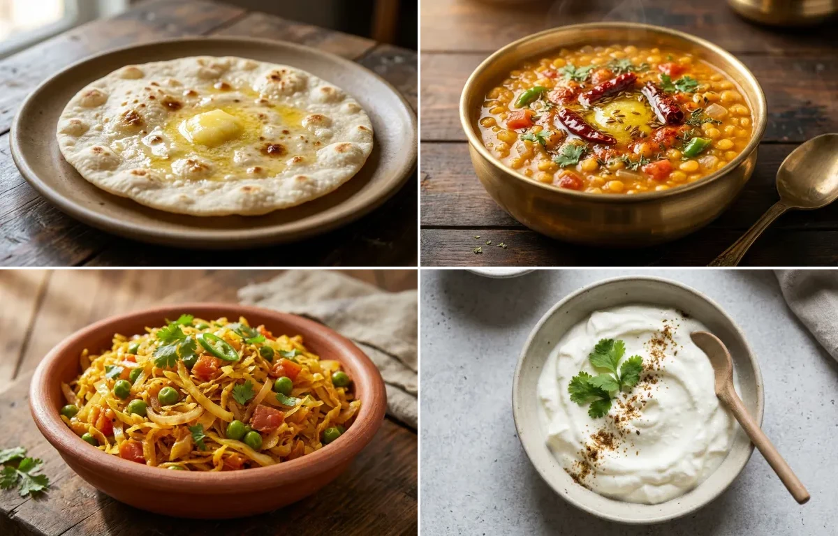 Jowar Roti with Chana Dal with Cabbage Sabzi with Plain Dahi