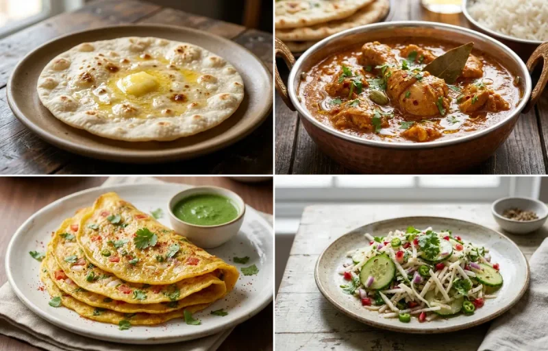 Jowar Roti with Chicken Curry, Moong Dal Chilla, Plain Yogurt Cup and Mooli Cucumber Salad