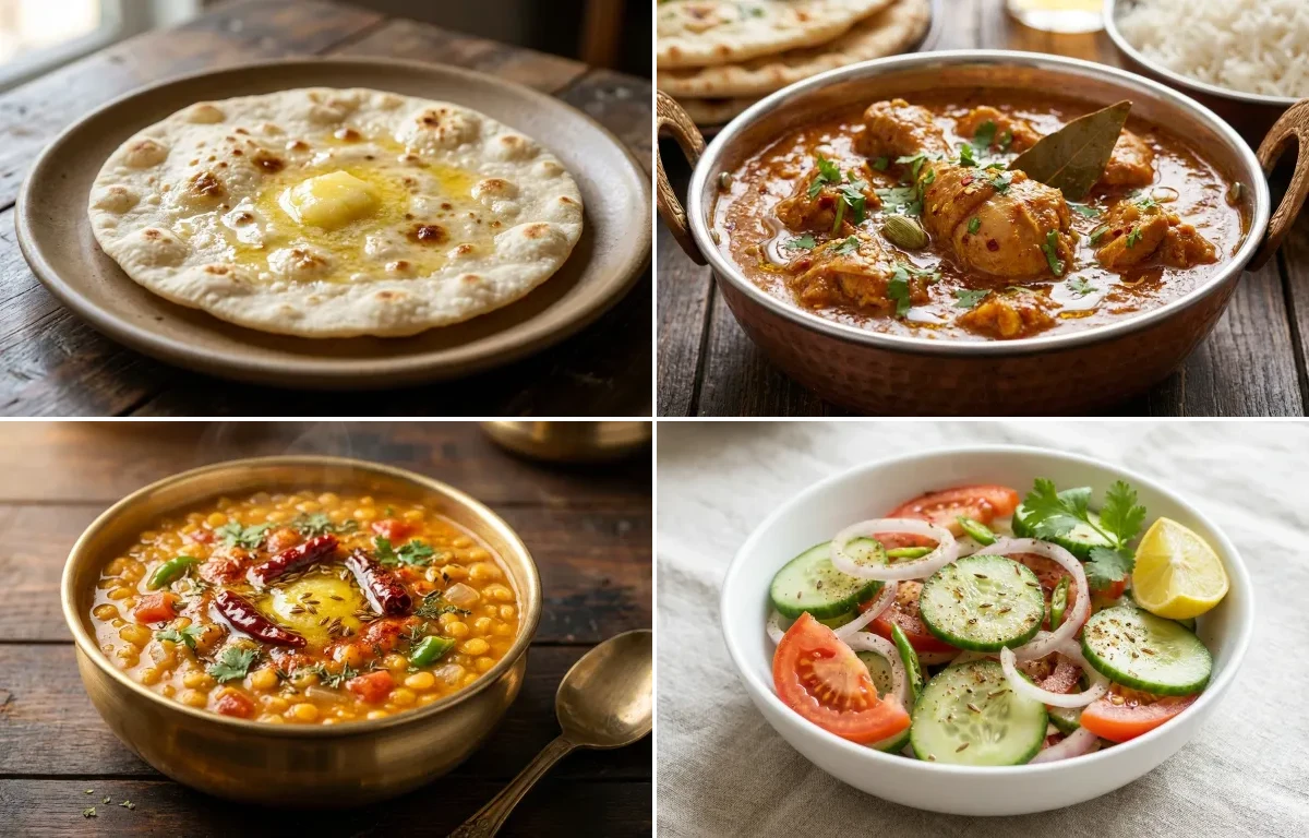 Jowar Roti with Chicken Curry with Chana Dal with Steamed White Rice with Green Salad