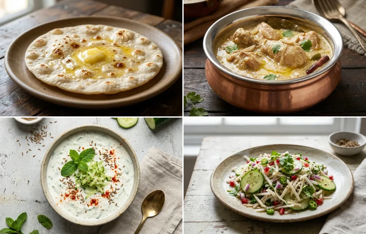 Jowar Roti with Chicken Korma, Toor Dal Tadka, Cucumber Mint Raita and Mooli Cucumber Salad