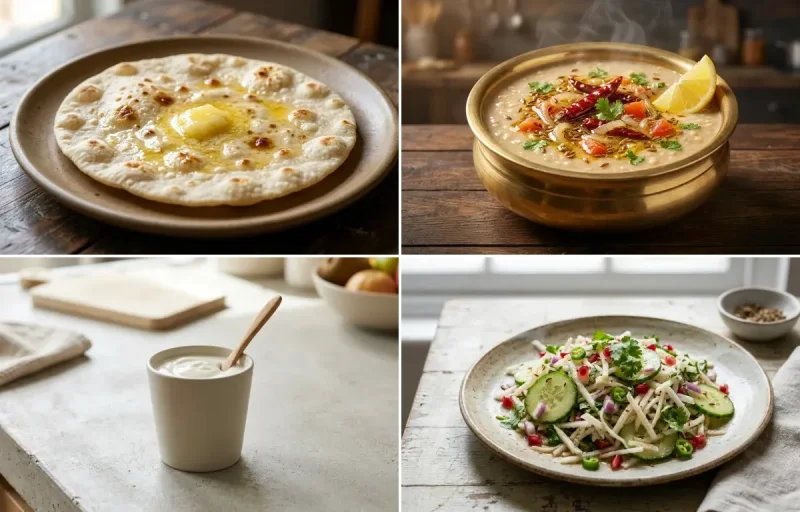 Jowar Roti with Chicken Saute With Vegetables, Urad Dal Tadka, Plain Yogurt Cup and Mooli Cucumber Salad