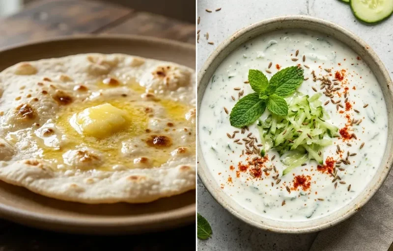Jowar Roti with Cucumber Mint Raita, Boiled Eggs Plate, Yogurt With Fruit and Mint Coriander Chutney No-Salt