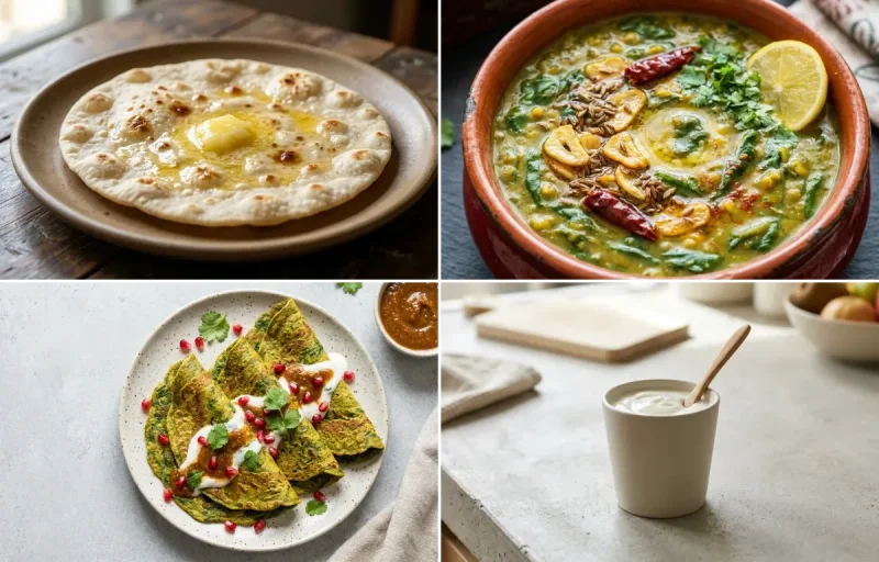 Jowar Roti with Dal Palak, Palak Chilla and Plain Yogurt Cup