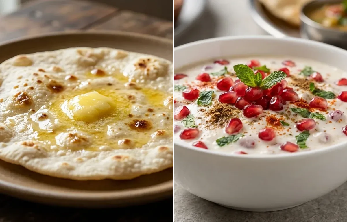 Jowar Roti with Egg Bhurji Main, Toor Dal Tadka, Pomegranate Raita and Cucumber Carrot Sticks With Mint Yogurt Dip