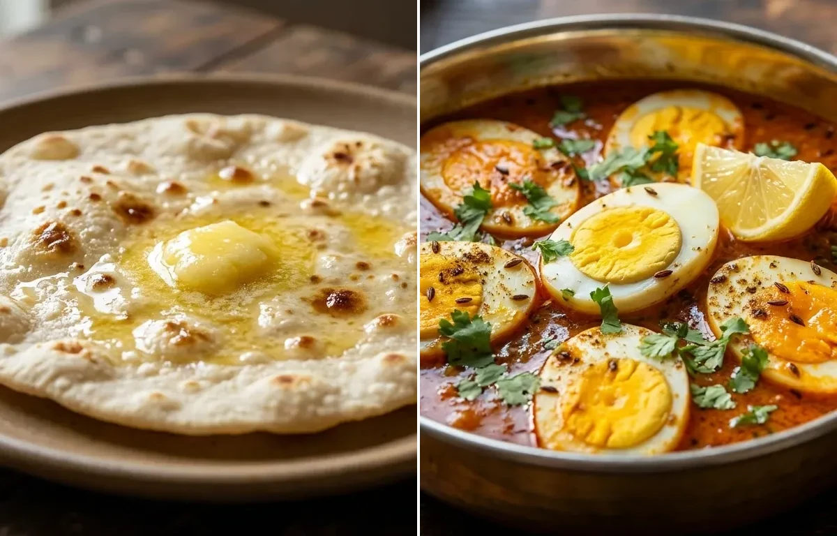 Jowar Roti with Egg Curry, Palak Dal, Onion Raita and Carrot Cucumber Salad