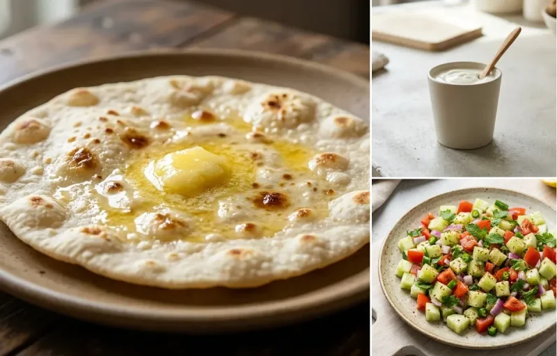 Jowar Roti with Kadhi, Vegan Masoor Dal, Plain Yogurt Cup and No-Salt Lemon Cucumber Kachumber