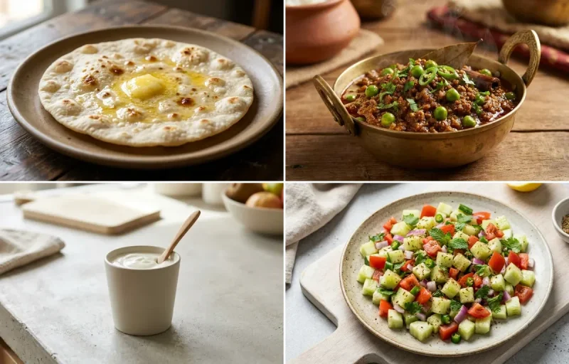 Jowar Roti with Keema Matar, Plain Yogurt Cup and No-Salt Lemon Cucumber Kachumber
