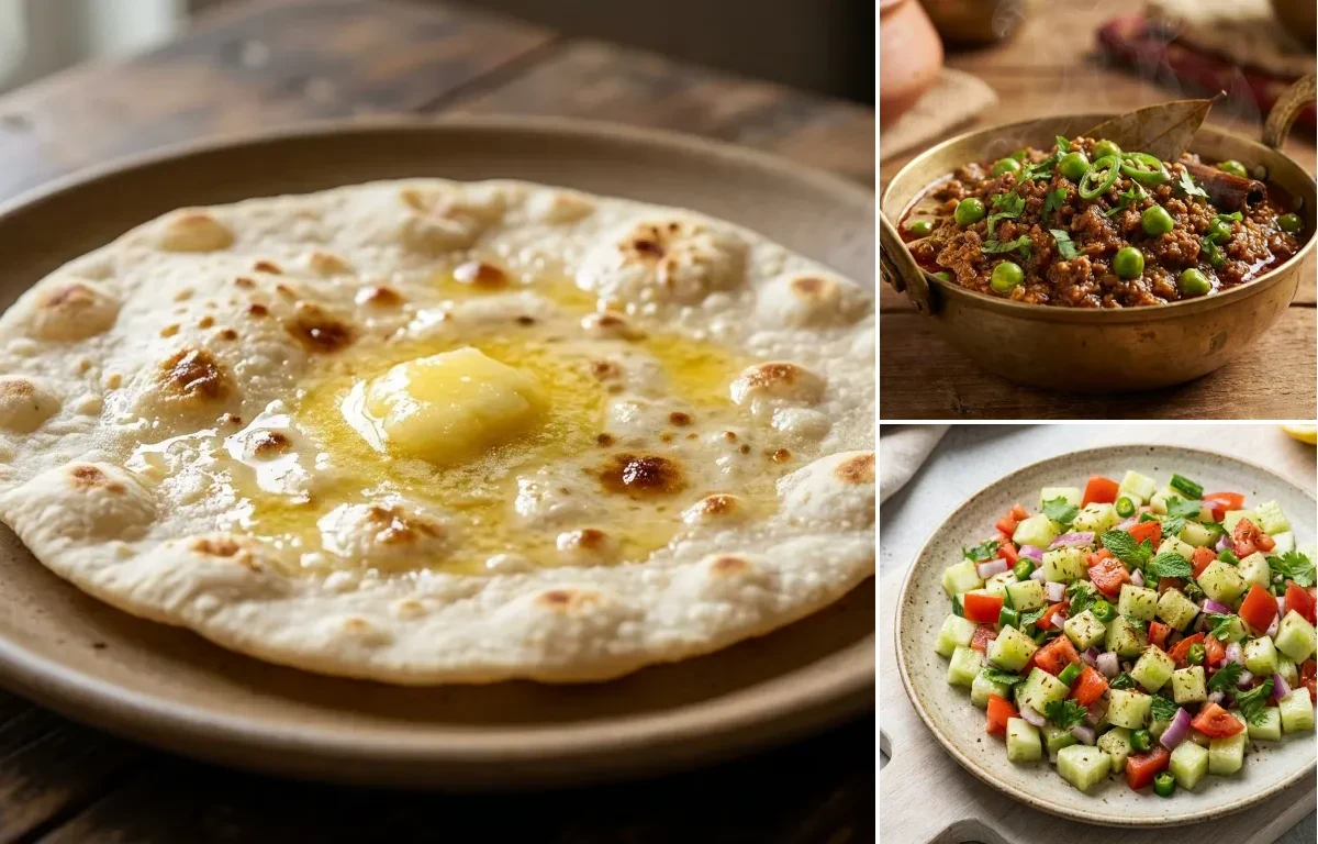 Jowar Roti with Keema Matar, Urad Dal, Cucumber Carrot Sticks With Mint Yogurt Dip and No-Salt Lemon Cucumber Kachumber