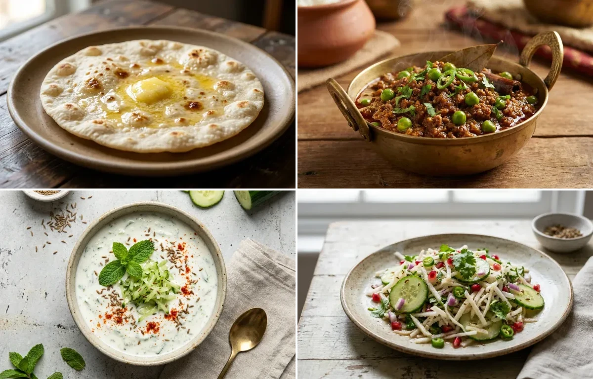 Jowar Roti with Keema Matar, Urad Dal, Cucumber Mint Raita and Mooli Cucumber Salad