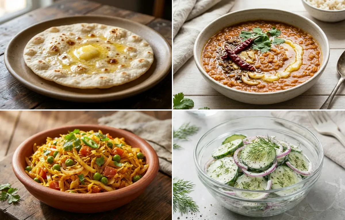 Jowar Roti with Masoor Dal with Cabbage Sabzi with Cucumber Salad