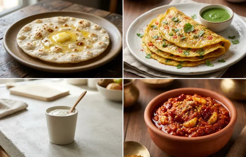 Jowar Roti with Moong Dal Chilla, Plain Yogurt Cup and Garlic Chutney