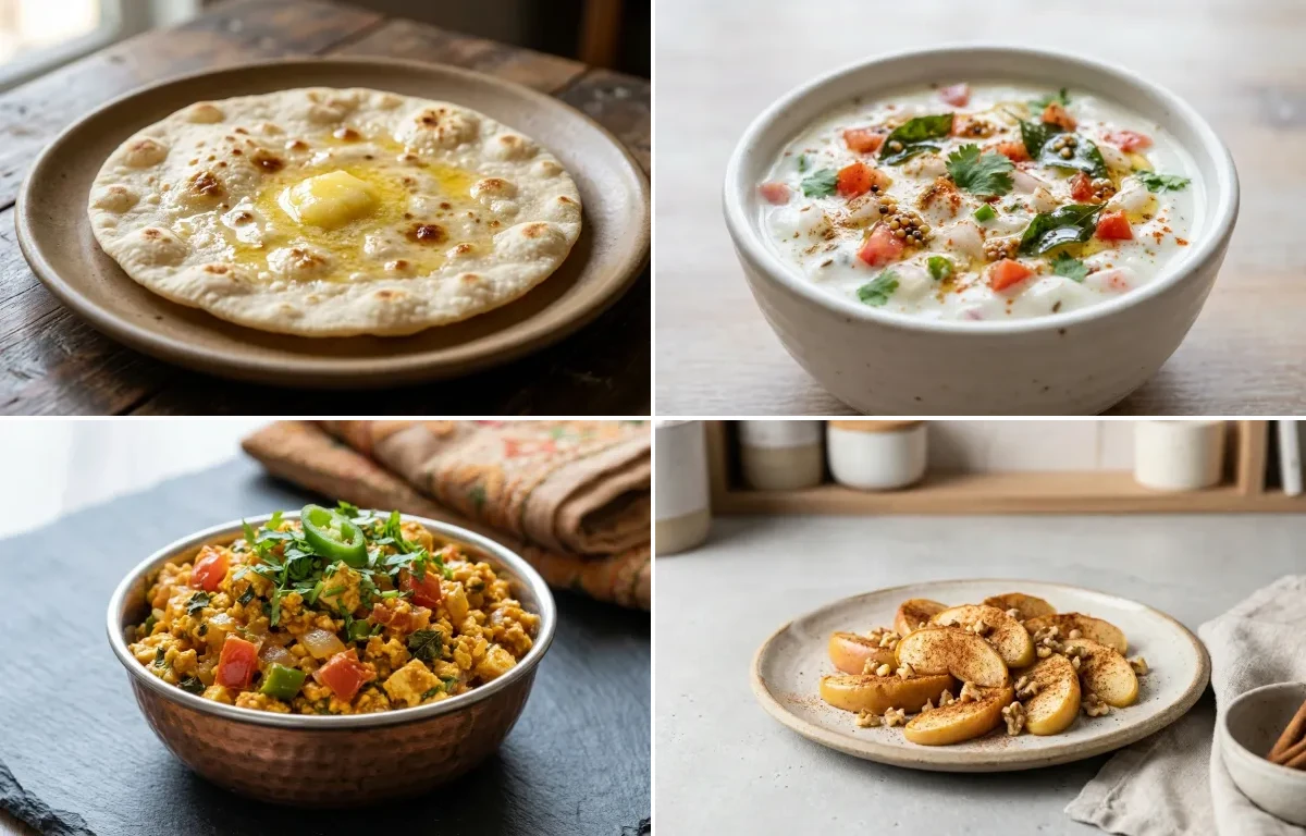 Jowar Roti with Onion Tomato Raita, Paneer Bhurji, Apple With Cinnamon and Mint Yogurt Chutney