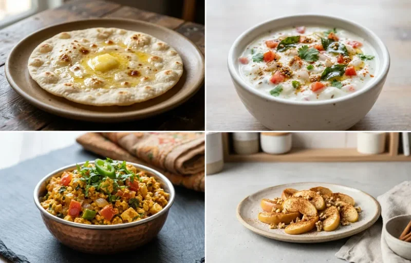 Jowar Roti with Onion Tomato Raita, Paneer Bhurji, Apple With Cinnamon and Mint Yogurt Chutney