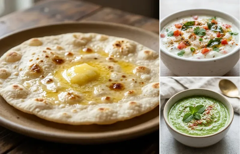Jowar Roti with Onion Tomato Raita, Two Boiled Eggs, Yogurt With Fruit and Mint Yogurt Chutney