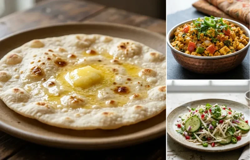 Jowar Roti with Paneer Bhurji, Toor Dal Tadka, Onion Raita and Mooli Cucumber Salad