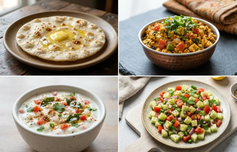 Jowar Roti with Paneer Bhurji, Toor Dal Tadka, Onion Tomato Raita and No-Salt Lemon Cucumber Kachumber