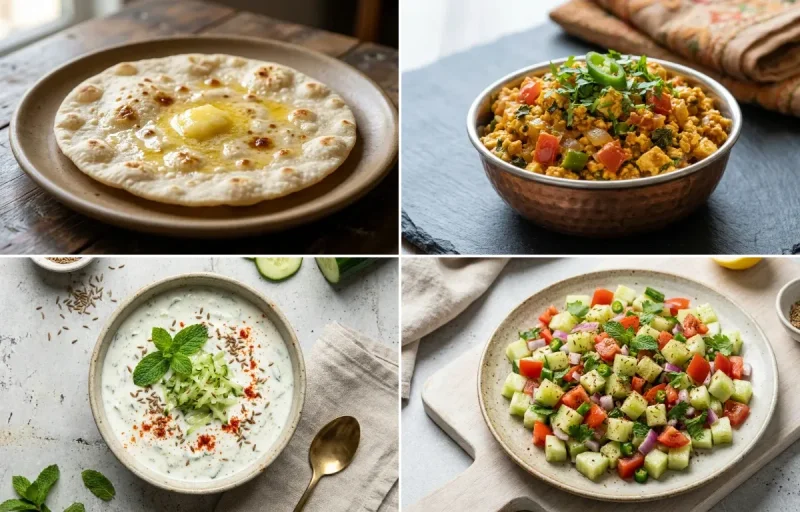 Jowar Roti with Paneer Bhurji, Vegan Dal Palak, Cucumber Mint Raita and No-Salt Lemon Cucumber Kachumber