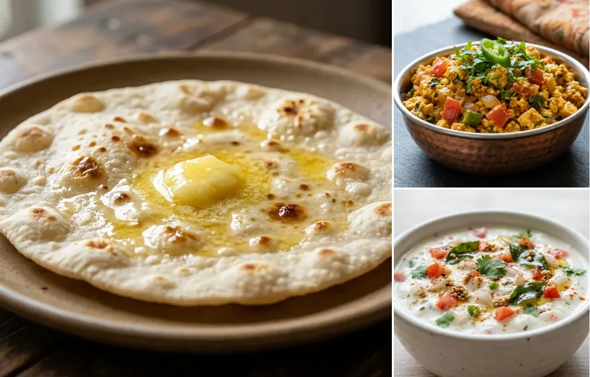 Jowar Roti with Paneer Bhurji, Vegan Dal Palak, Onion Tomato Raita and Cucumber Carrot Sticks With Mint Yogurt Dip