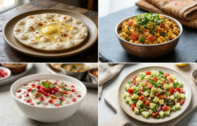 Jowar Roti with Paneer Bhurji, Vegan Dal Palak, Pomegranate Raita and No-Salt Lemon Cucumber Kachumber