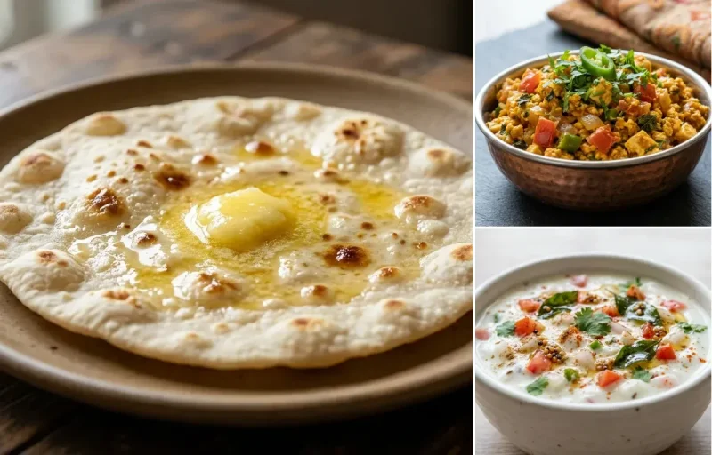 Jowar Roti with Paneer Bhurji, Vegan Kadhi, Onion Tomato Raita and Carrot Cucumber Salad