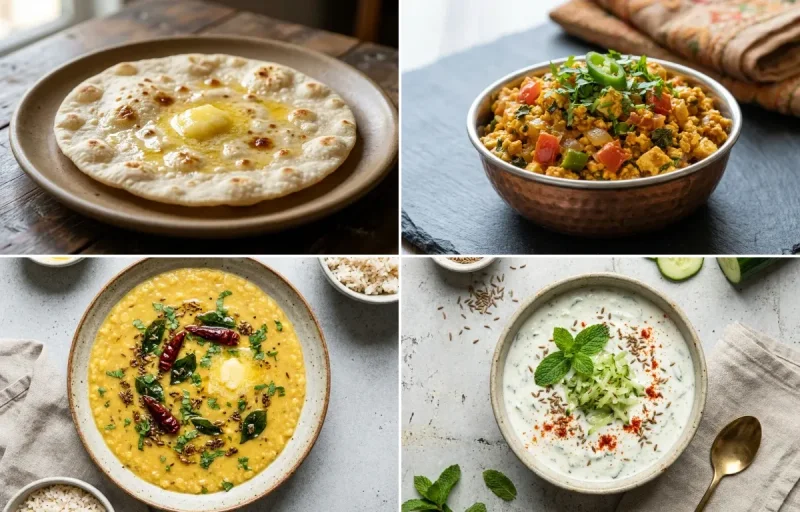 Jowar Roti with Paneer Bhurji, Vegan Toor Dal, Cucumber Mint Raita and Mooli Cucumber Salad