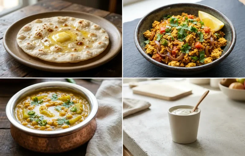 Jowar Roti with Tofu Bhurji, Lauki Chana Dal, Plain Yogurt Cup and No-Salt Lemon Cucumber Kachumber