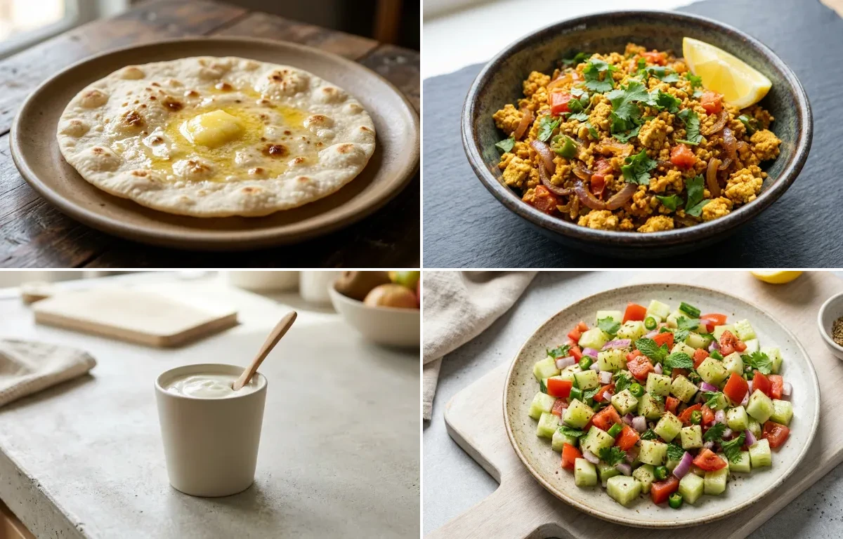 Jowar Roti with Tofu Bhurji, Vegan Dal Palak, Plain Yogurt Cup and No-Salt Lemon Cucumber Kachumber