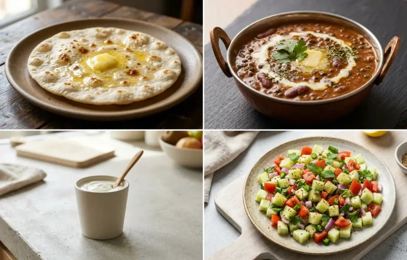 Jowar Roti with Tofu Cubes Light Saute, Dal Makhani, Plain Yogurt Cup and No-Salt Lemon Cucumber Kachumber