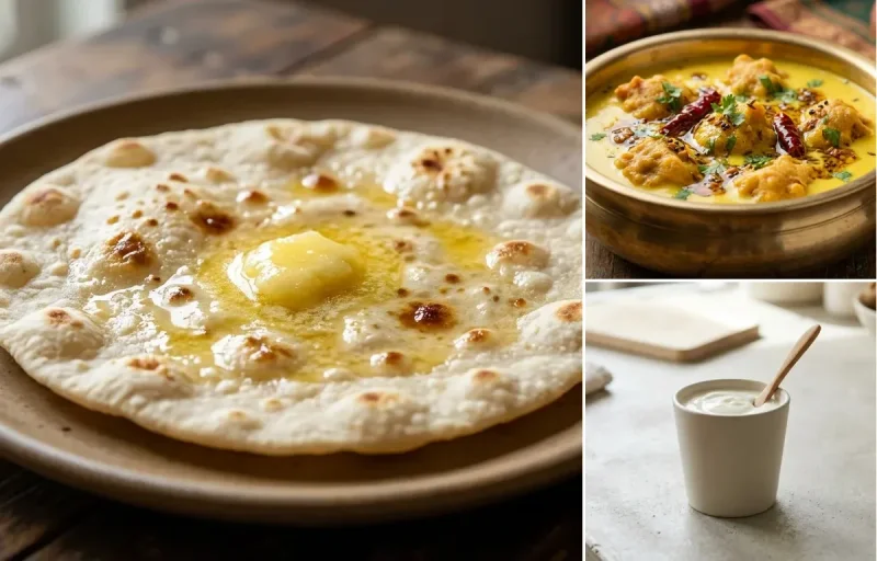 Jowar Roti with Tofu Cubes Light Saute, Kadhi Pakora, Plain Yogurt Cup and Cucumber Carrot Sticks With Mint Yogurt Dip