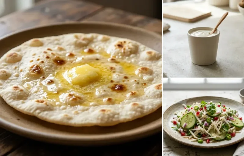 Jowar Roti with Tofu Cubes Light Saute, Kadhi, Plain Yogurt Cup and Mooli Cucumber Salad