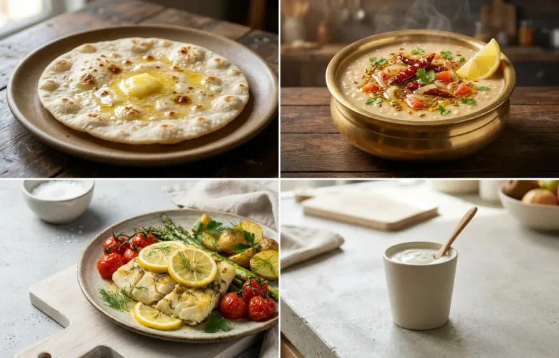 Jowar Roti with Urad Dal Tadka, Baked Cod With Lemon, Plain Yogurt Cup and Carrot Cucumber Salad