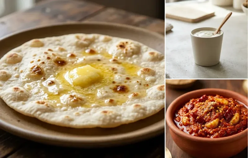 Jowar Roti with Vegan Dal Palak, Plain Yogurt Cup and Garlic Chutney