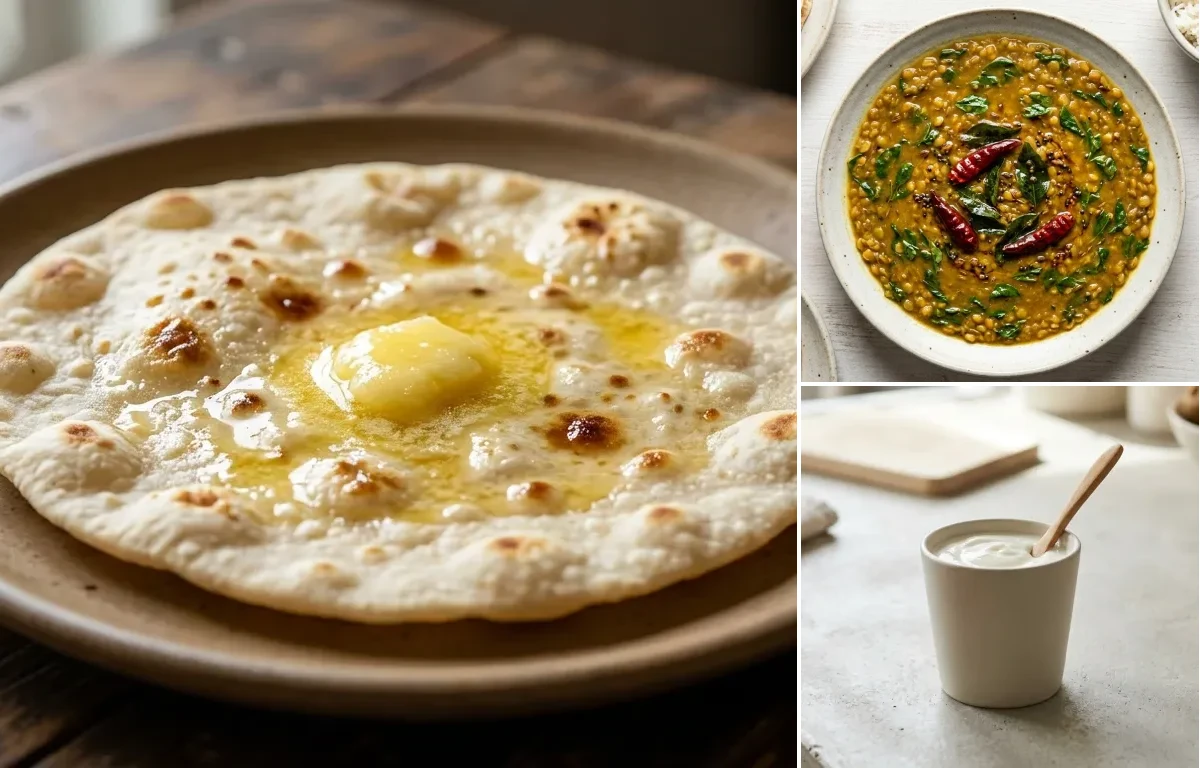 Jowar Roti with Vegan Methi Dal, Lauki Chana Dal and Plain Yogurt Cup