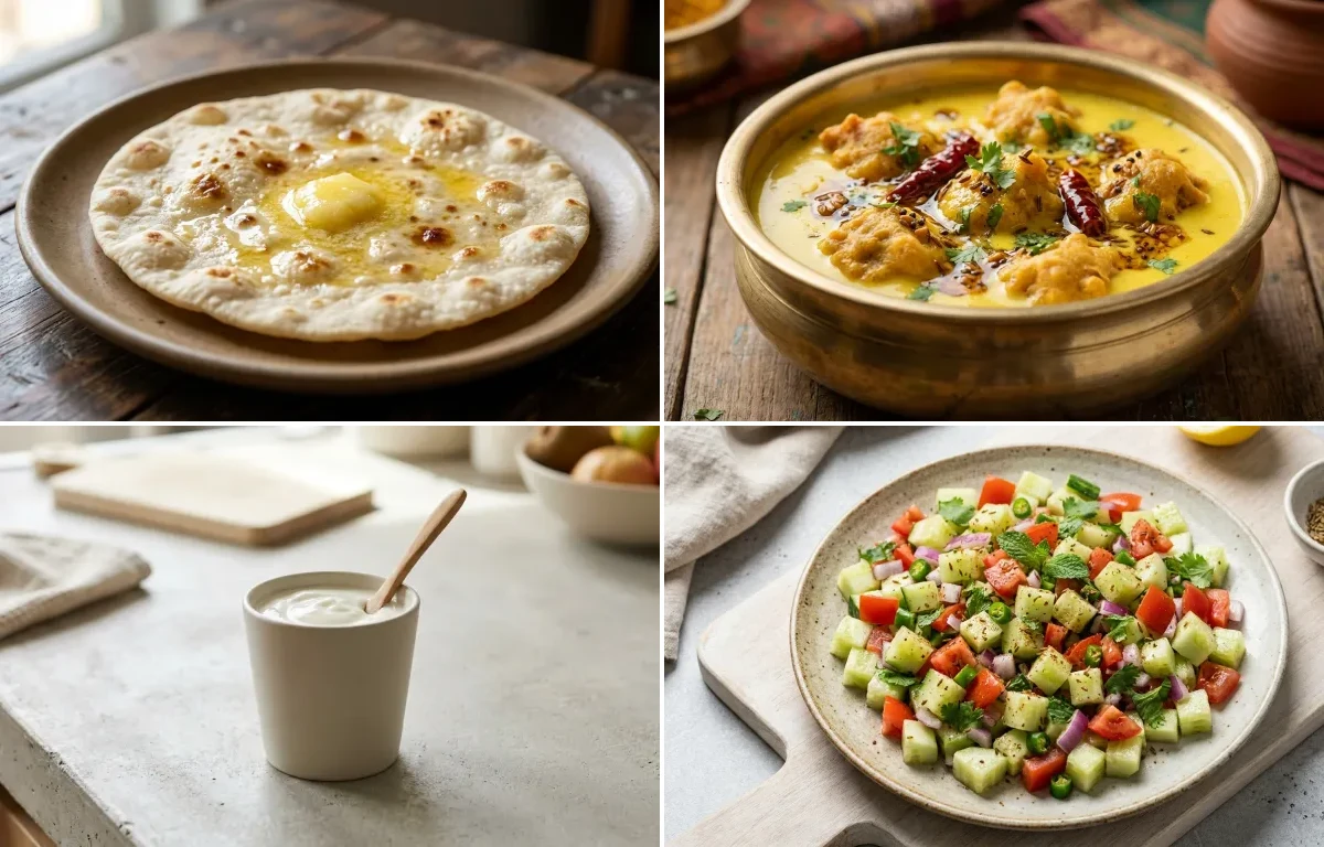 Jowar Roti with Vegan Palak Tofu, Kadhi Pakora, Plain Yogurt Cup and No-Salt Lemon Cucumber Kachumber